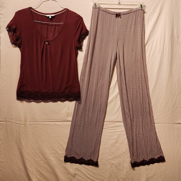 Jasper Conran Sz 8 Wine Red Pajama Top & Bottom Set Lace Trim Holiday Luxury PJs - Picture 2 of 16